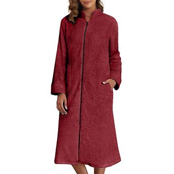 Ekouaer Womens Zipper Robes Long Sleeve Zip Up House Coat Full Length Warm Flannel Bathrobe
