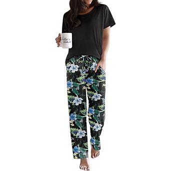 Ekouaer Pajama Sets Round Neck Pajamas Short Sleeve Sleepwear with Long Pants Loose Lounge Sets