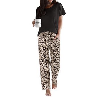 Ekouaer Pajama Sets Round Neck Pajamas Short Sleeve Sleepwear with Long Pants Loose Lounge Sets