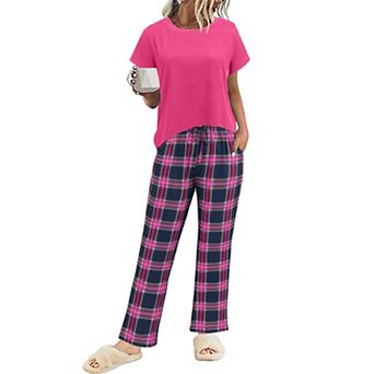 Ekouaer Pajama Sets Round Neck Pajamas Short Sleeve Sleepwear with Long Pants Loose Lounge Sets
