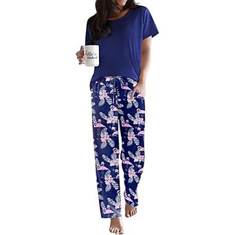 Ekouaer Pajama Sets Round Neck Pajamas Short Sleeve Sleepwear with Long Pants Loose Lounge Sets