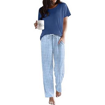 Ekouaer Pajama Sets Round Neck Pajamas Short Sleeve Sleepwear with Long Pants Loose Lounge Sets