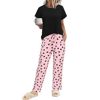 Ekouaer Pajama Sets Round Neck Pajamas Short Sleeve Sleepwear with Long Pants Loose Lounge Sets