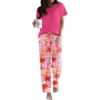 Ekouaer Pajama Sets Round Neck Pajamas Short Sleeve Sleepwear with Long Pants Loose Lounge Sets