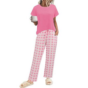 Ekouaer Pajama Sets Round Neck Pajamas Short Sleeve Sleepwear with Long Pants Loose Lounge Sets