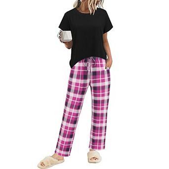 Ekouaer Pajama Sets Round Neck Pajamas Short Sleeve Sleepwear with Long Pants Loose Lounge Sets