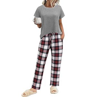 Ekouaer Pajama Sets Round Neck Pajamas Short Sleeve Sleepwear with Long Pants Loose Lounge Sets
