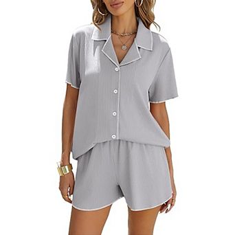 Ekouaer Button Down Ribbed Lounge Set Short Sleeve Shorts Womens Two Piece Pajama Sets