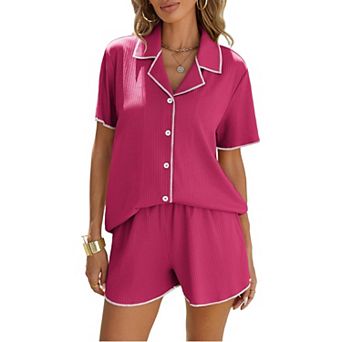Ekouaer Button Down Ribbed Lounge Set Short Sleeve Shorts Womens Two Piece Pajama Sets