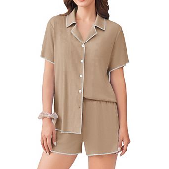 Ekouaer Button Down Ribbed Lounge Set Short Sleeve Shorts Womens Two Piece Pajama Sets
