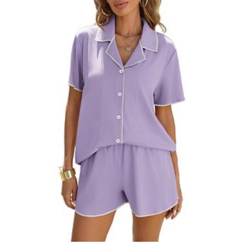 Ekouaer Button Down Ribbed Lounge Set Short Sleeve Shorts Womens Two Piece Pajama Sets