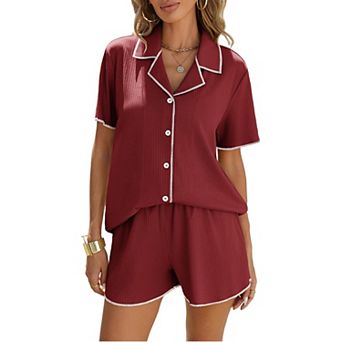 Ekouaer Button Down Ribbed Lounge Set Short Sleeve Shorts Womens Two Piece Pajama Sets
