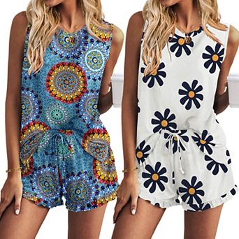 Ekouaer Two Pack Womens Pajama Set Tank Tops And Ruffle Shorts With Pocket Outfits Resort Wear