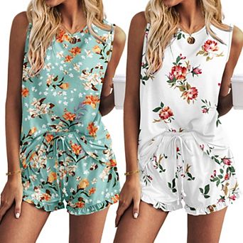 Ekouaer Two Pack Womens Pajama Set Tank Tops And Ruffle Shorts With Pocket Outfits Resort Wear