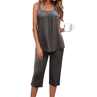 Ekouaer Capri Pajama Sets Two Piece Pajamas Round Neck Sleeveless Lounge Set for Summer Sleepwear