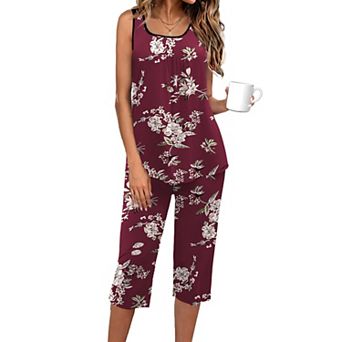 Ekouaer Capri Pajama Sets Two Piece Pajamas Round Neck Sleeveless Lounge Set for Summer Sleepwear
