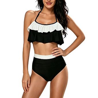 Women's Halter Neck Striped Trim Ruffle Layered High Waisted Two-Piece Tankini Swimsuit Set