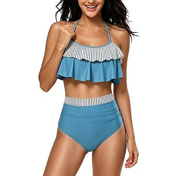 Women's Halter Neck Striped Trim Ruffle Layered High Waisted Two-Piece Tankini Swimsuit Set