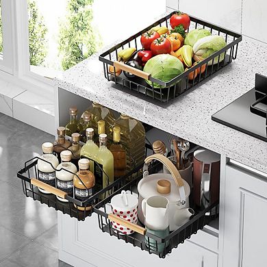 Pull Out Cabinet Organizer, Slide Out Storage Basket, Extendable Under Shelf Storage for Kitchen