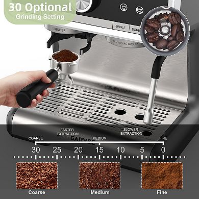 Home Espresso Coffee Maker, 30 Grind Settings Machine with Steam Wand & Large Water Tank for Drinks