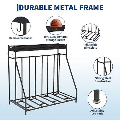 No Drill Bicycle Organizer Rack with Basket, Space Saving Bike Holder for Home Warehouse Indoor Use
