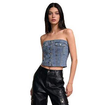 Women's Button Up Strapless Crop Top Y2k Jean Tube Tops