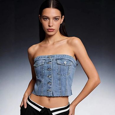 Women's Button Up Strapless Crop Top Y2k Jean Tube Tops