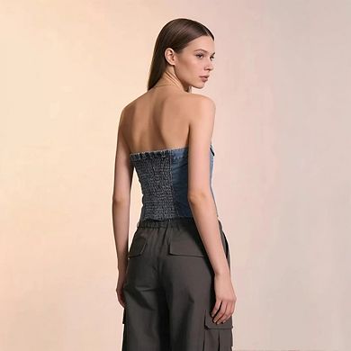 Women's Button Up Strapless Crop Top Y2k Jean Tube Tops