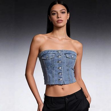 Women's Button Up Strapless Crop Top Y2k Jean Tube Tops