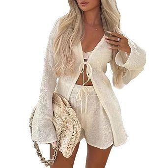 Women's Shorts Set 2 pc Beach Vacation Outfits Bell Long Sleeve Top and Shorts