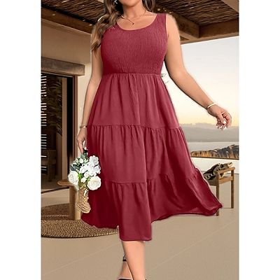 casual plus size red dress Dripcurv Women's Plus-Size Red Summer Dress,Elegant Satin Fitted Waist  Casual Picnic Outfits,Cute Spring Vacation Dresses For Woman Party Vacation