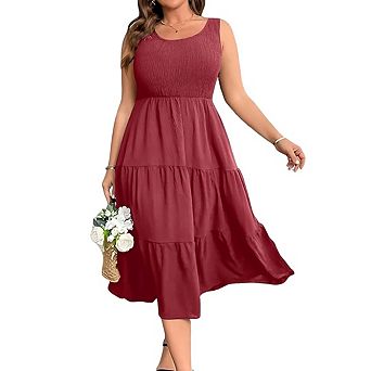 Women Plus Size Sleeveless Smocked Casual Loose Sundress Flowy Beach Tiered Long Midi Dresses