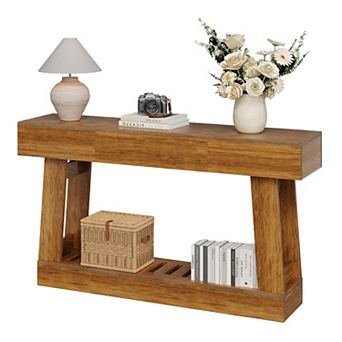Farmhouse Narrow Console Table with Drawer - Rustic Wood Sofa Side Table with Storage Shelf