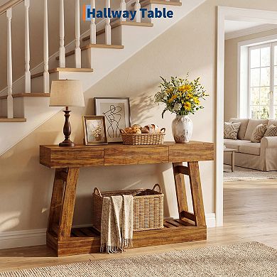 Farmhouse Narrow Console Table with Drawer - Rustic Wood Sofa Side Table with Storage Shelf