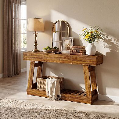 Farmhouse Narrow Console Table with Drawer - Rustic Wood Sofa Side Table with Storage Shelf