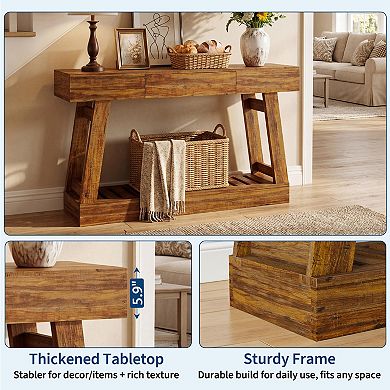 Farmhouse Narrow Console Table with Drawer - Rustic Wood Sofa Side Table with Storage Shelf