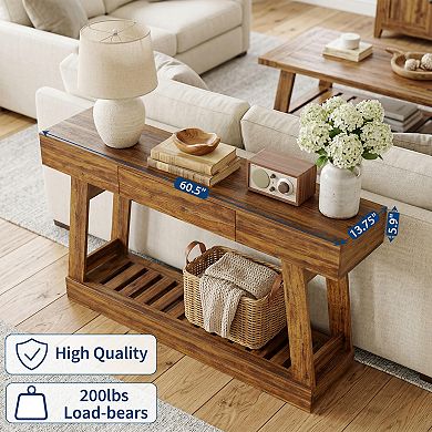 Farmhouse Narrow Console Table with Drawer - Rustic Wood Sofa Side Table with Storage Shelf