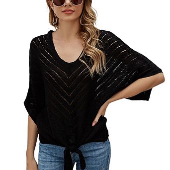 Women's V-neck Batwing Sleeve Cover Up, 3/4 Sleeve Textured Crochet Casual Top