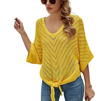 Women's V-neck Batwing Sleeve Cover Up, 3/4 Sleeve Textured Crochet Casual Top
