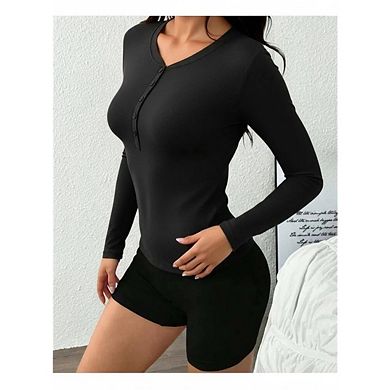 Women's V-neck Button Down Knit Shirt, Long Sleeve Slim Fit Basic Top
