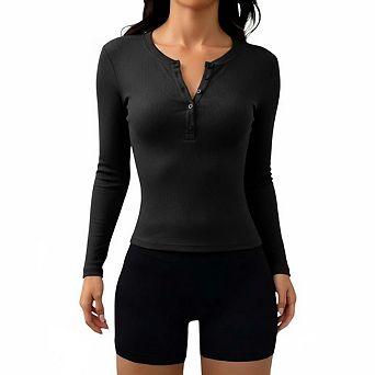 Women's V-neck Button Down Knit Shirt, Long Sleeve Slim Fit Basic Top