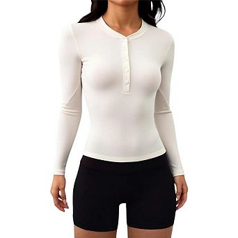 Women's V-neck Button Down Knit Shirt, Long Sleeve Slim Fit Basic Top