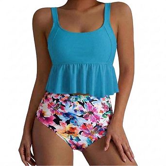 Women's Floral Tankini Set, Ruffle Tummy Control 2 pc Swimwear with Boy Shorts
