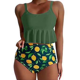 Women's Floral Tankini Set, Ruffle Tummy Control 2 pc Swimwear with Boy Shorts