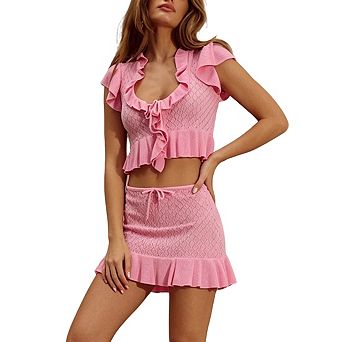 Women's Ruffled Knit Crop Top and Mini Skirt 2 pc Set Outfit Summer Beach Swimsuits Set