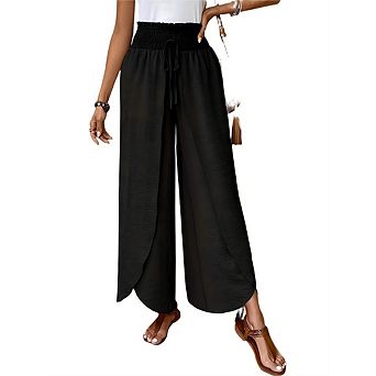 Women Linen Pants Palazzo High Waist Cotton Linen Blend Loose Fit Flowy Travel Summer Lounge Pants