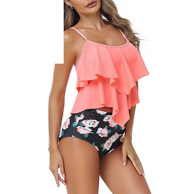 LYTHMER Ruffled Tankini Top High Waist Printed Swimsuit Sets