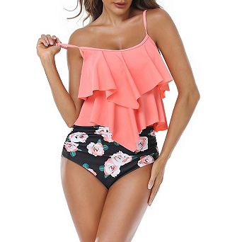 LYTHMER Ruffled Tankini Top High Waist Printed Swimsuit Sets