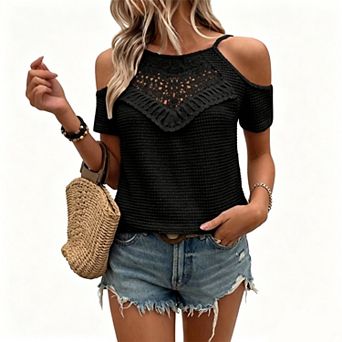 Women's Crochet Lace Cold-Shoulder Knit Top, Short Sleeve Hollow-Out Casual Summer Blouse
