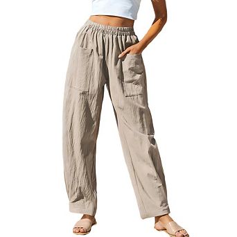 Women Summer Beach Vacation Pants High Waisted Wide Leg Pants Cotton Linen Palazzo Lounge Trousers